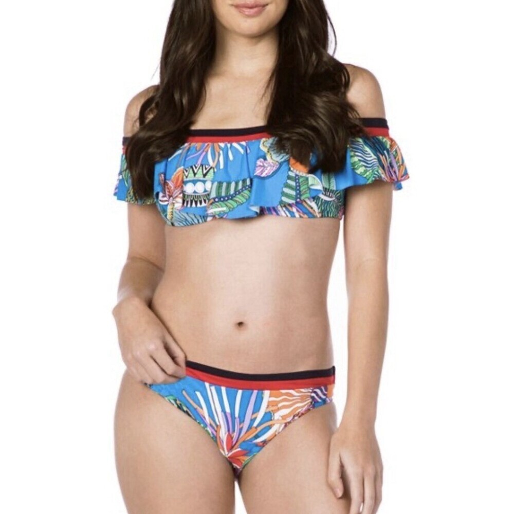 Trina Turk Swim Suit size L Two Piece Bikini Tahiti Tropical Leaf Ruffle Top